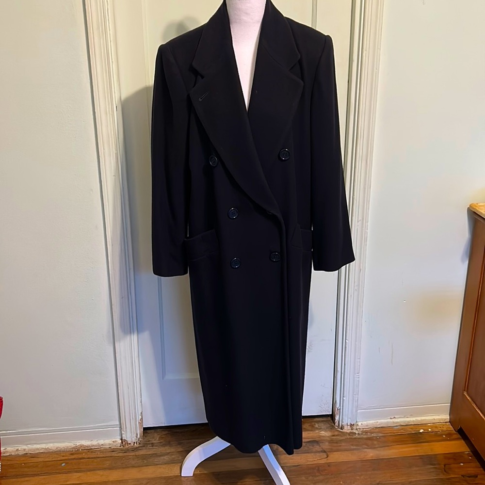 Gently used Fleurette 100% camel hair navy double breasted long coat size 8.